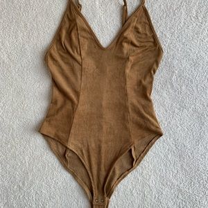 Forever 21 faux-suede camel bodysuit, Size Small